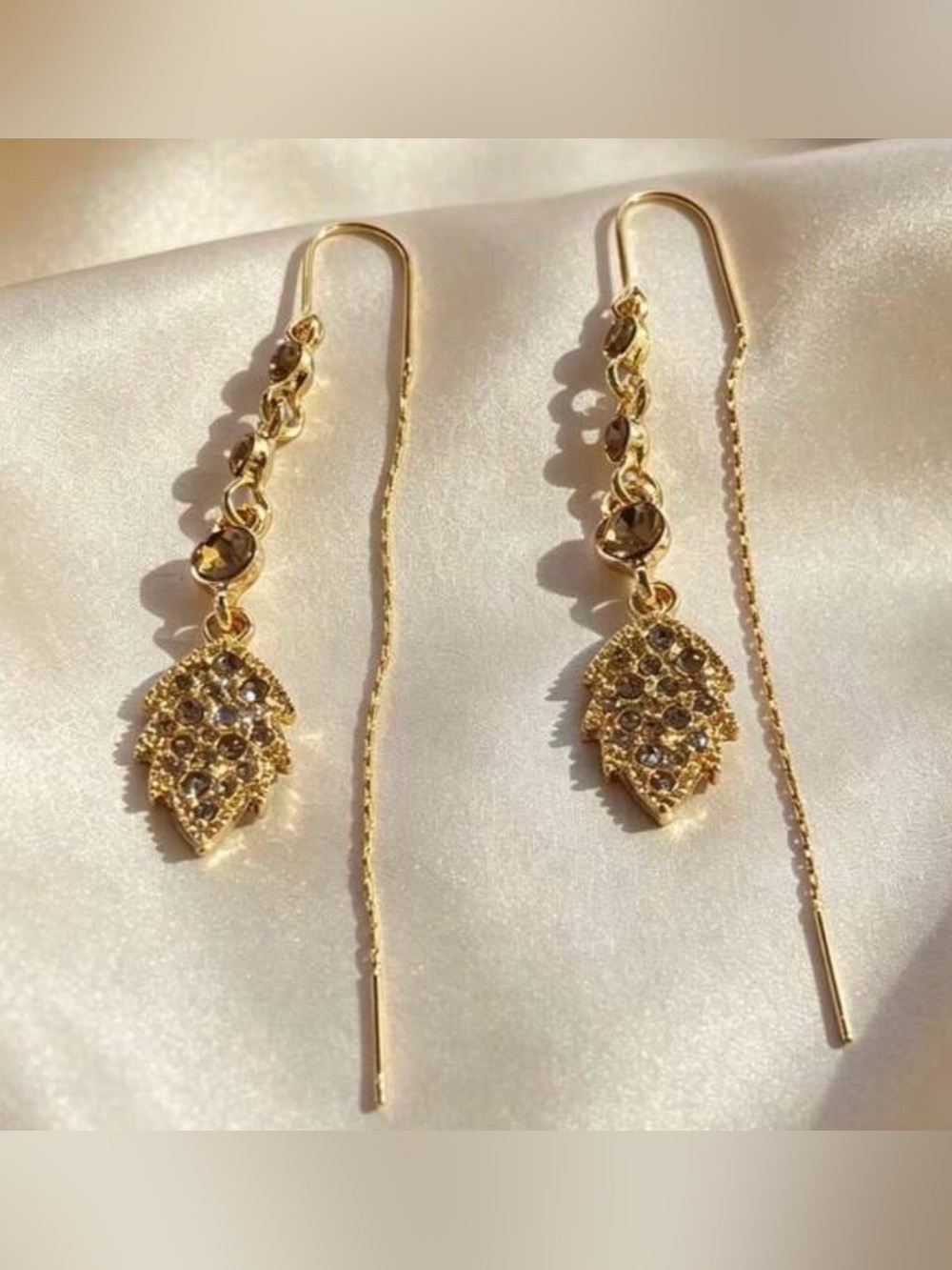 NWOT Gold Tone Leaf Drop Threader Earrings with Amber Crystals